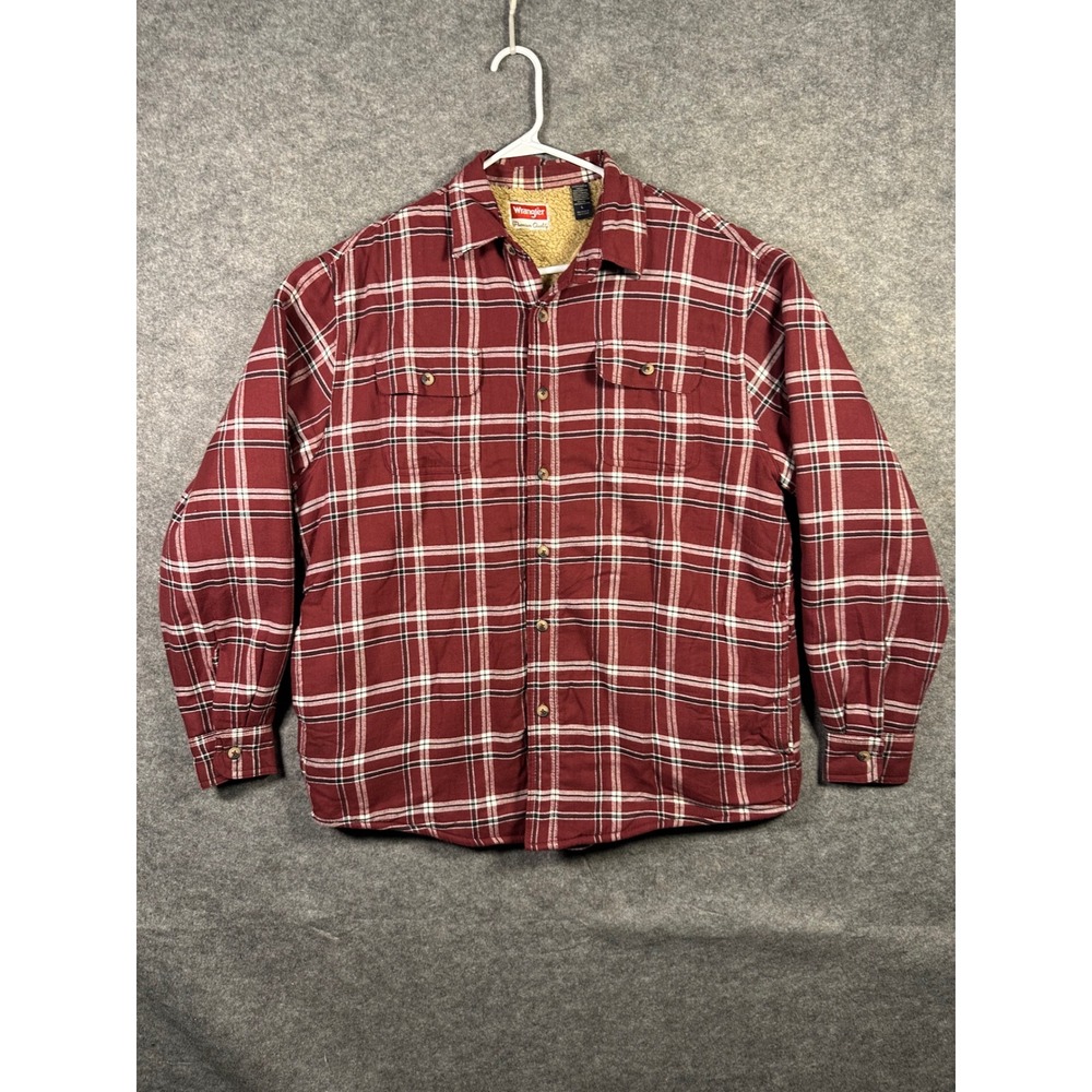 Wrangler Mens Flannel Shirt Jacket Sherpa‎ Lined Plaid Button Up Maroon White